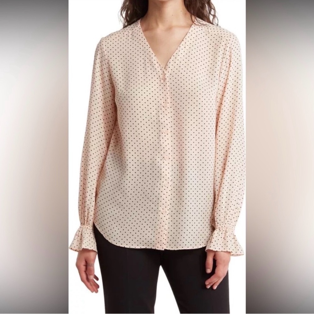 T Tahari Women’s Blush Pink Polka Dot V-Neck Button-Up Long Sleeve Blouse